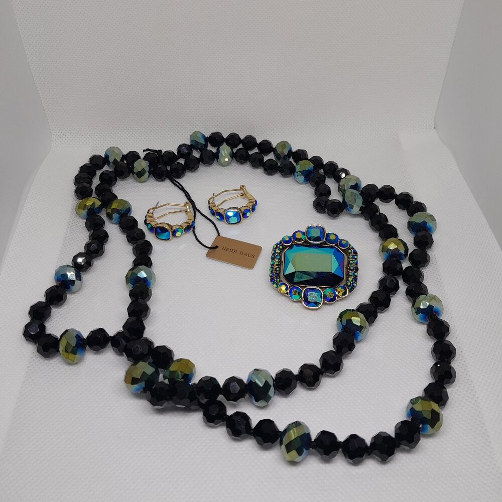 Heidi Daus Fine Classic Aurora Borealis Necklace, Pin & Clip-On Earring Set New